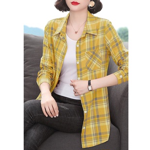 上衣中长款 纯棉格子衬衫 翻领长袖 大码 显瘦女士衬衣外套 女春秋新款
