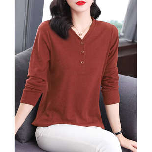 t恤大码 打底衫 洋气v领长袖 2025秋冬新款 胖mm宽松遮肚子上衣服 女装
