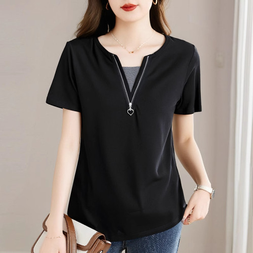 假两件拉链v领短袖t恤女装夏季新款洋气妈妈体恤衫大码宽松上衣服