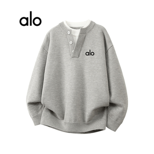 alo假两件重磅纽扣V领毛衣男秋冬潮牌宽松慵懒风纯色套头针织衫衣