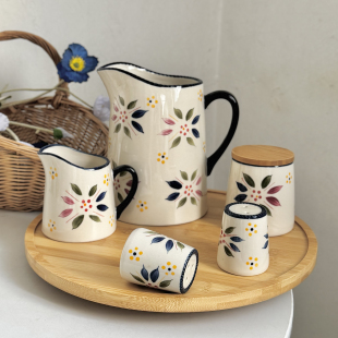 外贸尾货陶瓷水杯套装 家用喝水壶茶杯咖啡杯牛奶杯带木托盘