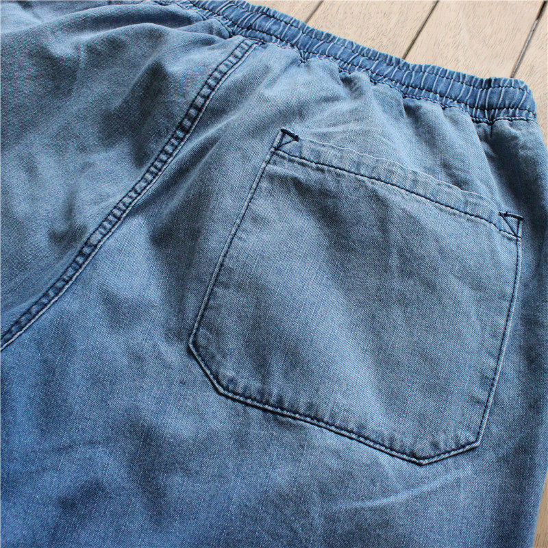 남성용 루즈 스트레이트 힙합 스포츠 신축성 있는 허리 데님 반바지 심플하고 얇은 드로스트링 아메리칸 캐주얼 바지
