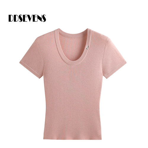 U领薄款短袖t恤纯色短款针织上衣