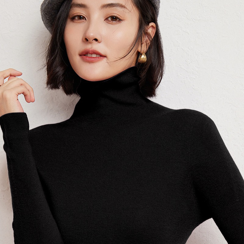 2025新款秋冬精纺羊绒针织打底衫女修身显瘦内搭堆堆领羊毛上衣