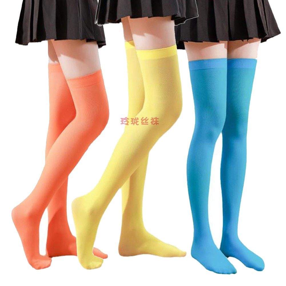 日系糖果色过膝长筒袜女夏季薄款天鹅绒显瘦大腿丝袜子防滑高筒