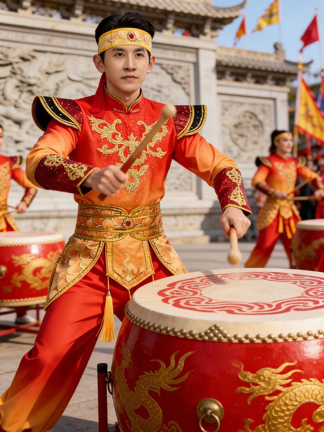 新款打鼓服演出服中国风成人腰鼓水鼓舞锣鼓队舞蹈服红色长袖喜庆