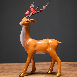 一鹿发财陶瓷梅花鹿摆件招财礼品新中式家居客厅工艺品电视柜装饰