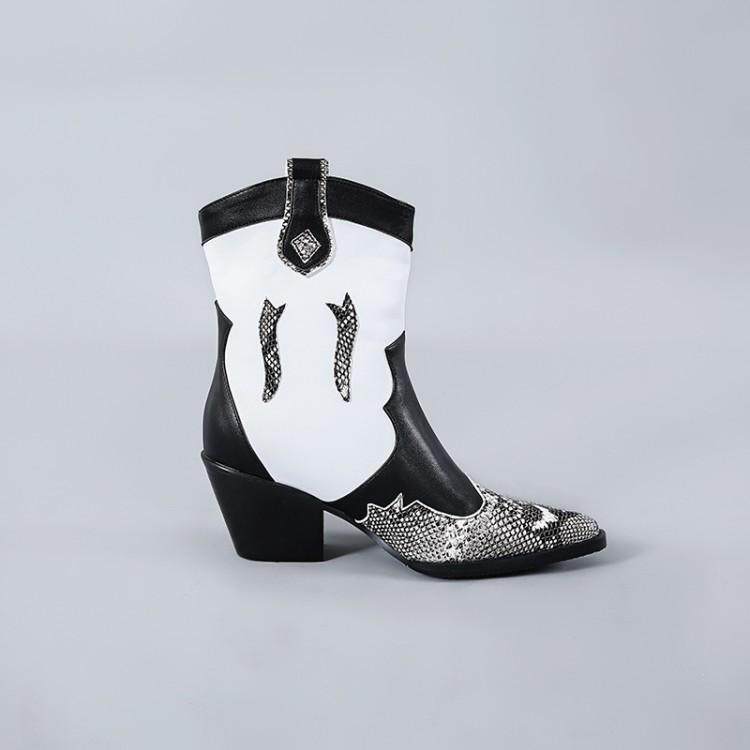 RETRO WESTERN BOOTS WOMENS 2021 NEW BOOTS WOMENS SNAKE STITCHING NET RED SKINNY BOOTS BLOCK HEEL MID-HEEL BOOTS