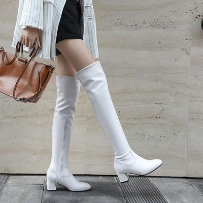 中跟过膝皮面白色侧拉链长筒靴