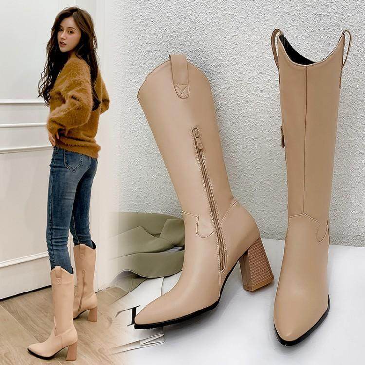 秋冬季粗跟高跟不过膝长靴子欧美尖头马丁靴英伦学生白色骑士靴女