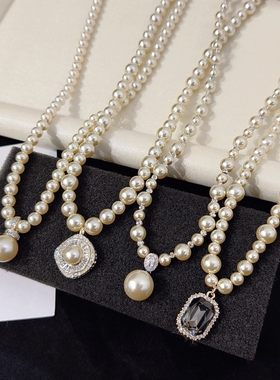 新韩版时尚百搭香槟色珍珠项链女轻奢小众秋冬百搭微钻锆石毛衣链