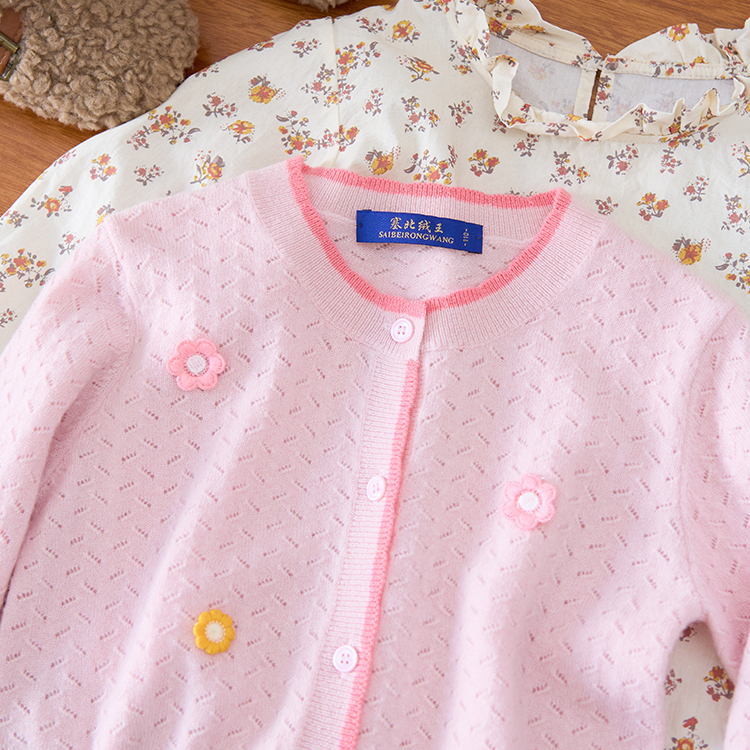 baby羊绒纱女童镂空针织开衫100%纯山羊绒衫打底外穿毛衣女孩薄款