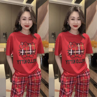 韩版KT猫卡通家居服套装女红色半袖格子睡裤可外穿舒适睡衣套装女