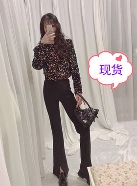 TWO12/02 20:00PM 高腰显瘦加绒休闲裤小个子黑色微喇叭长裤