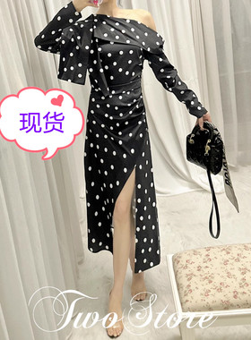 TWO女装2023早秋新款法式黑白波点印花连衣裙气质名媛裙子