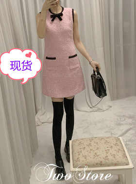 ALU高奢私服OOTD Infinite Tweed定制羊毛粗花呢絲絨蝴蝶結連衣裙