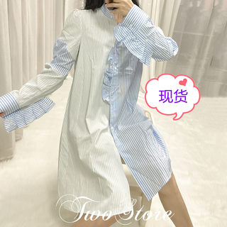 ALU高奢私服OOTD日本進口100純棉層次拼接設計告別單調条纹衬衫裙