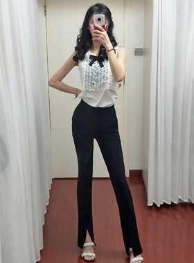 TwoStore2019夏季新款 百搭黑色微喇叭裤修身显瘦休闲长裤子女