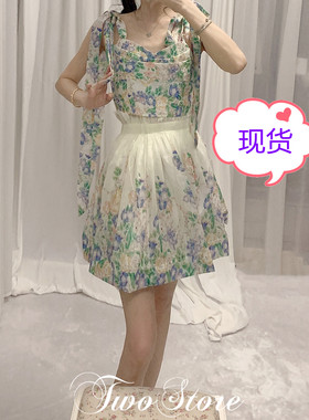 TWO名媛风碎花雪纺套装女夏新款裹胸吊带短上衣半身裙A字裙两件套