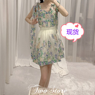 TWO名媛风碎花雪纺套装女夏新款裹胸吊带短上衣半身裙A字裙两件套