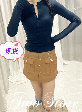 FOREVERCAN“黄昏大道”客定麂皮绒复古金扣百搭半身裙 SD22269