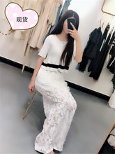 LIN CHAO ZHANG 蕾丝针织上衣黑白撞边荷叶边下摆宽松阔腿裤套装