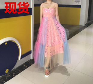 ALU 夏季七彩镂空蕾丝网纱连衣裙长款吊带波西米亚度假长裙