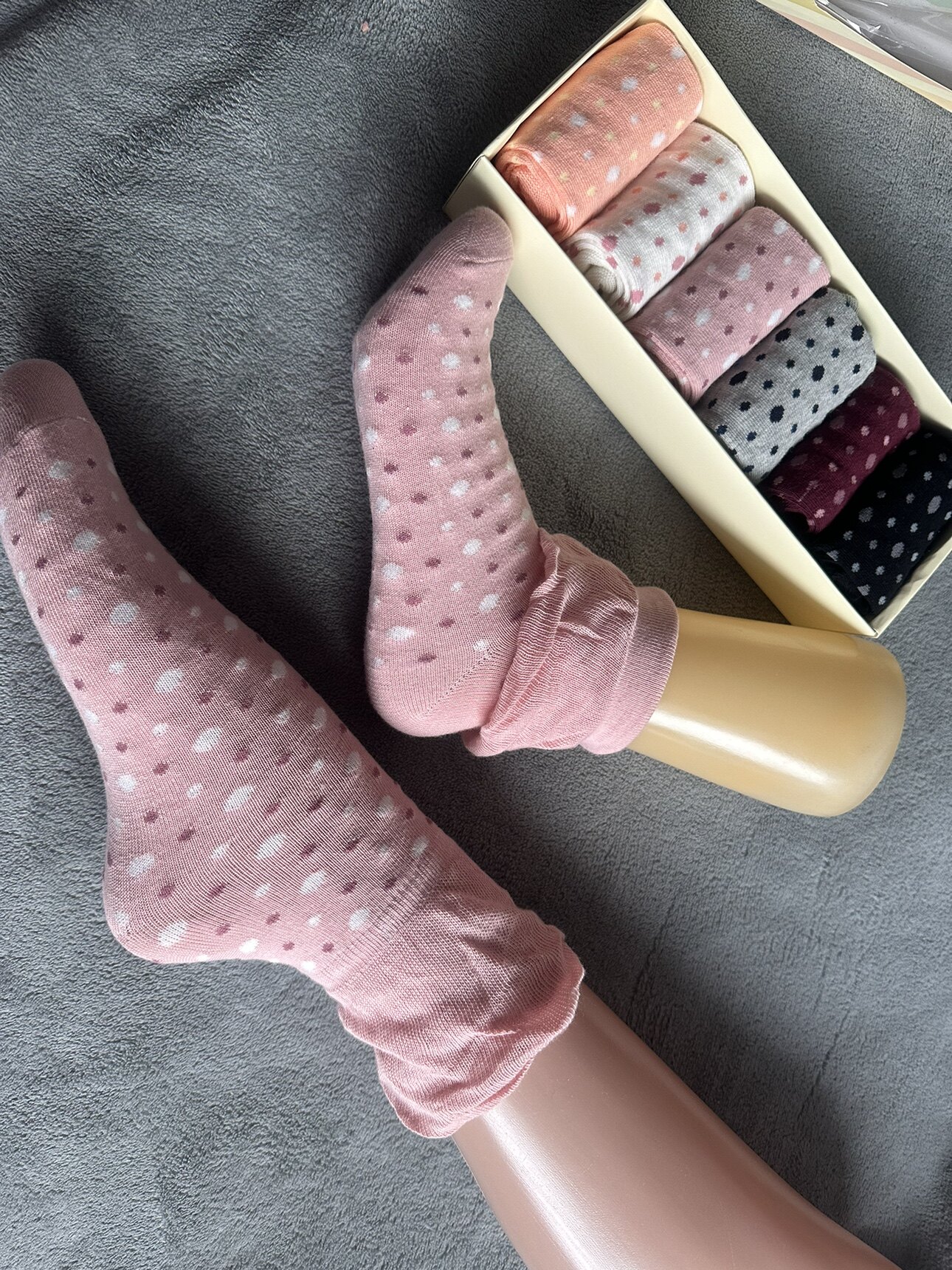 成人女士袜子松口花边堆堆袜波点6双礼盒装纯棉中筒短袜2穿袜