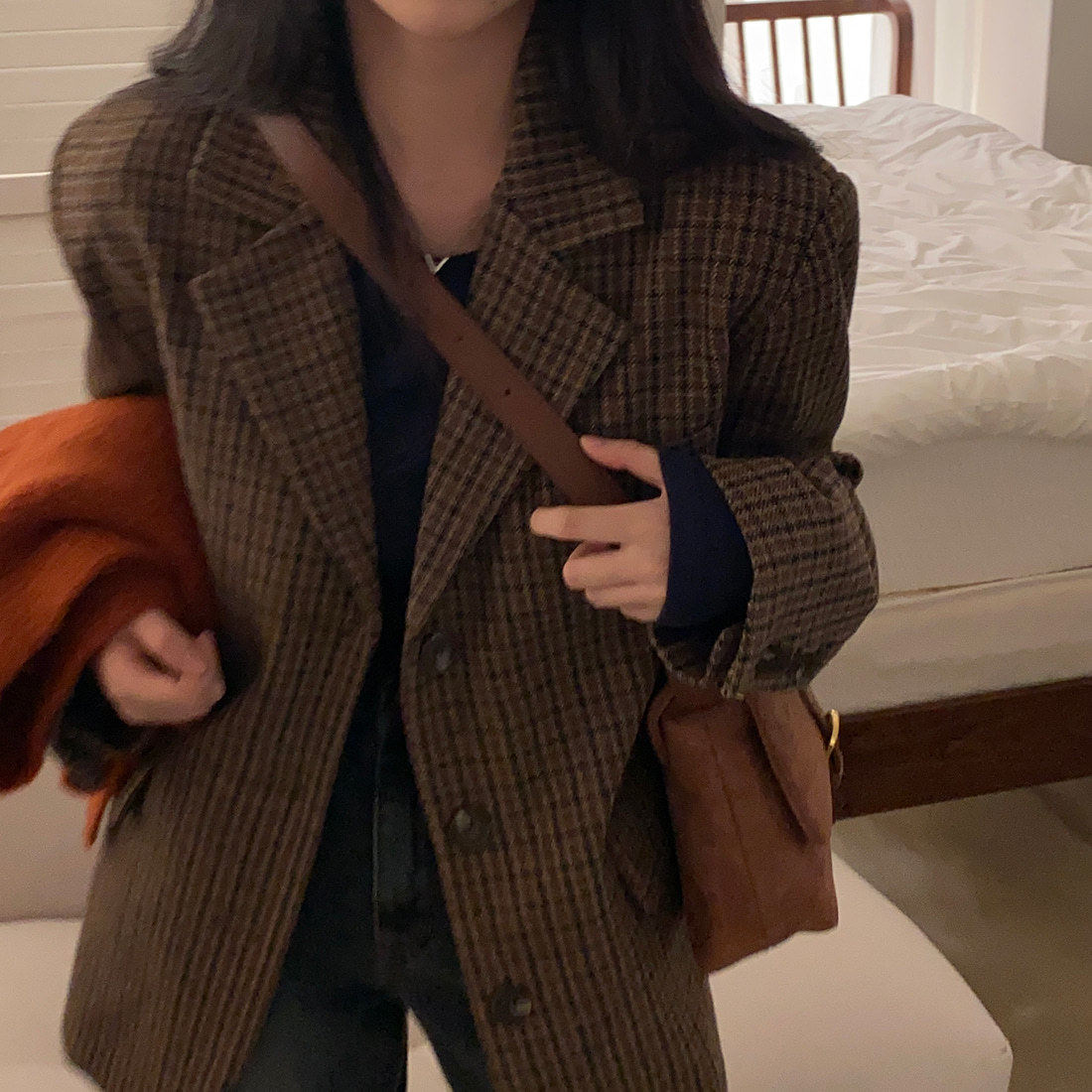 韩国INS气质 新款小香复古风西装外套女秋冬季韩系格子西服