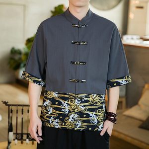 春夏新品风大码蝙蝠衫烫金拼色盘扣汉服唐装短袖衬衫D972P35