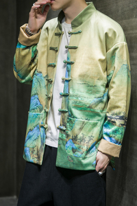 新款风手工盘扣外套千里江山印花夹克中式唐装外套 JK61-P120图片