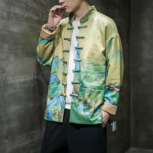 新款风手工盘扣外套千里江山印花夹克中式唐装外套 JK61-P120，男装夹克，星座305A（原312A-1）
