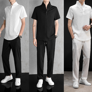 新品轻奢风时尚潮流高端褶皱两件套青果领休闲运动套装TZ209，男装休闲套装，星座305A（原312A-1）