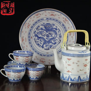 Сине-белый старомодный чайный сервиз, ретро комплект, заварочный чайник, ностальгия