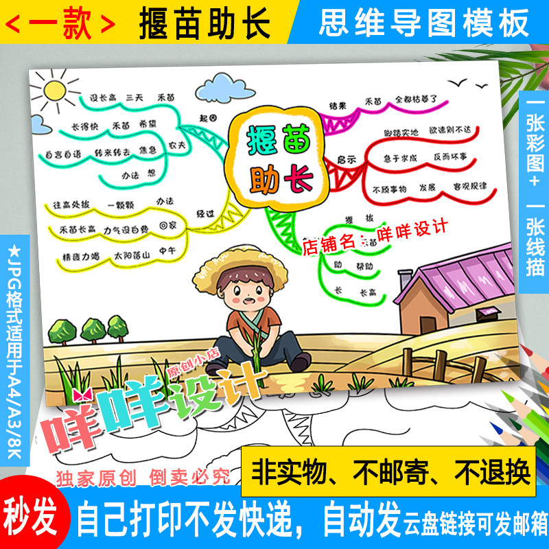 揠苗助长思维导图中国古代寓言故事黑白线描涂色a4/a3/8k读书模板