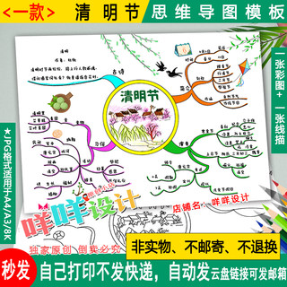 传统节日清明节思维导图模板黑白线描图涂色A4/A3/8K空白小学生报