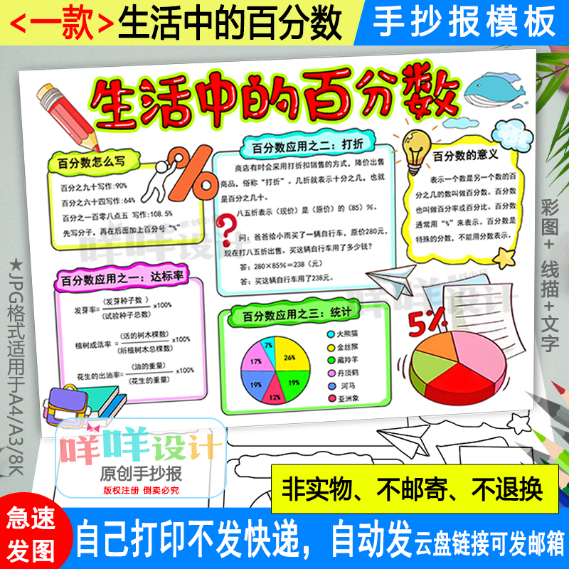 生活中的百分数手抄报黑白线描涂色空白六年级数学小报A4A38K模板