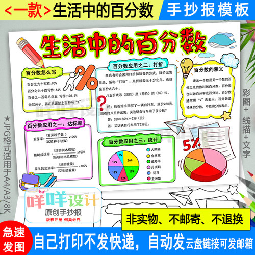 生活中的百分数手抄报黑白线描涂色空白六年级数学小报A4A38K模板