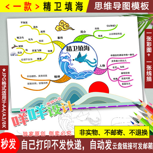 中国古代神话故事精卫填海思维导图黑白线描涂色A43/8K手抄报模板