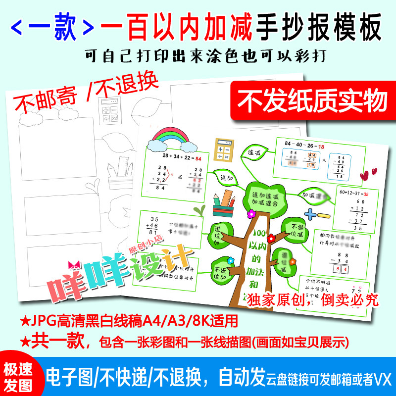 小学数学二年级上二单元100以内加减法思维导图线描涂色手抄模板