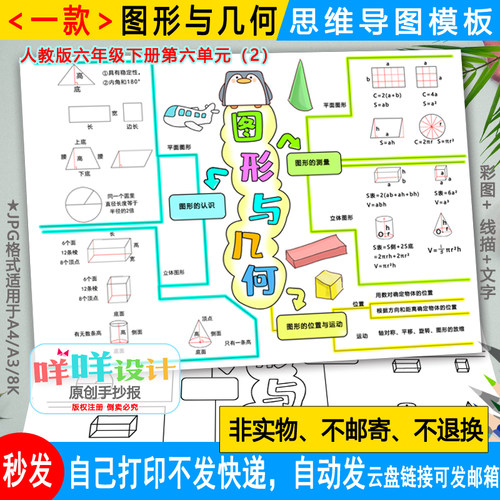 人教数学六年级下册六单元图形与几何思维导图黑白线描涂色模板