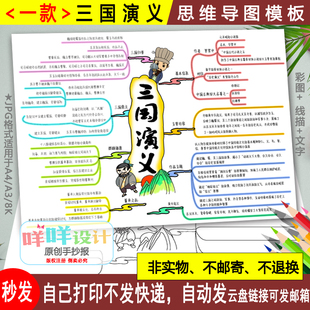 四大名著三国演义思维导图模板黑白线描涂色A4/A3/8K小学生手抄报