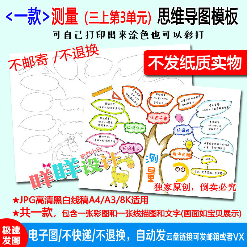 人教版小学生数学三年级上三单元测量思维导图线描涂色手抄报模板