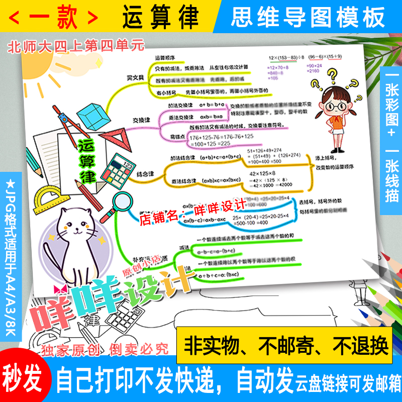 北师小学生数学四年级上册四单元运算律思维导图线描涂色空白模板 商务/设计服务 设计素材/源文件 原图主图