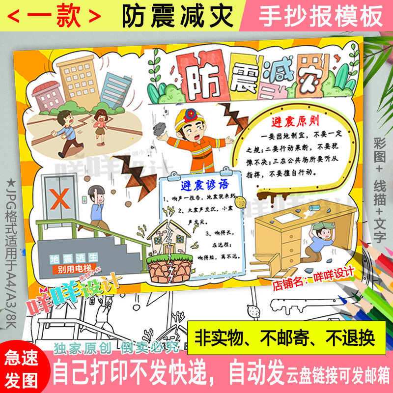 防震减灾地震安全知识黑白线描涂色空白a4/a3/8k小学生手抄报模板