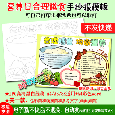 营养日合理膳食均衡营养黑白线描涂色空白学生A4/A3/8K手抄报模板