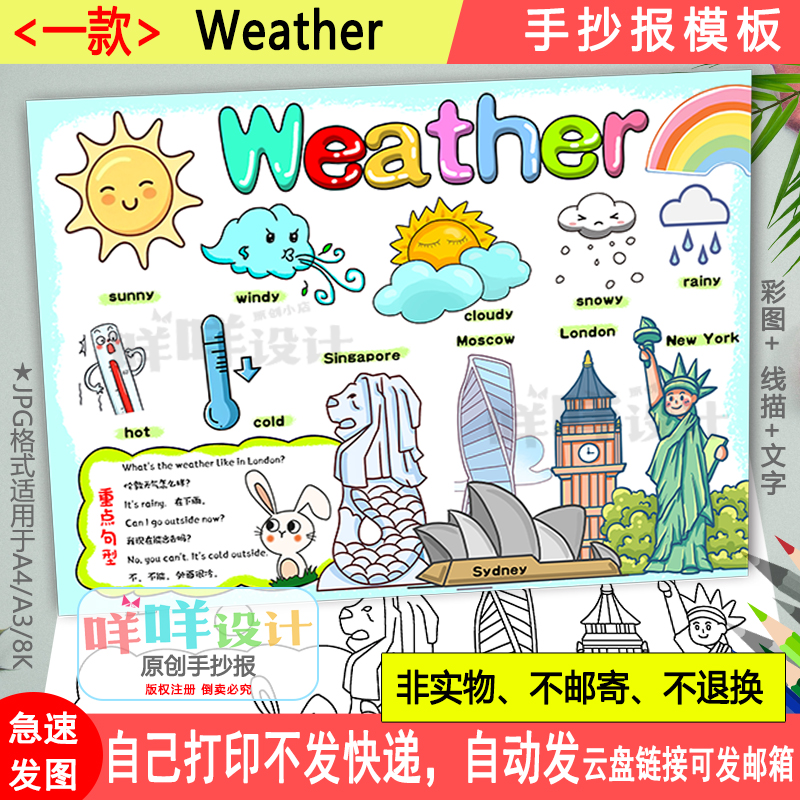 英语天气Weather手抄报黑白线描涂色空白四年级下三单元小报模板