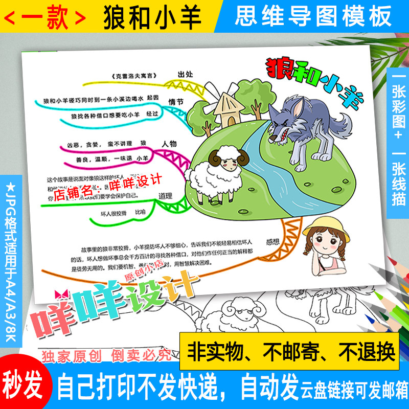 克雷洛夫寓言狼和小羊思维导图黑白线描涂色空白小学生a4a38k模板