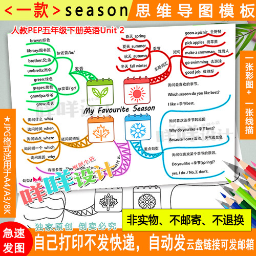 人教版五年级My favourite season四季英语思维导图黑白线描模板