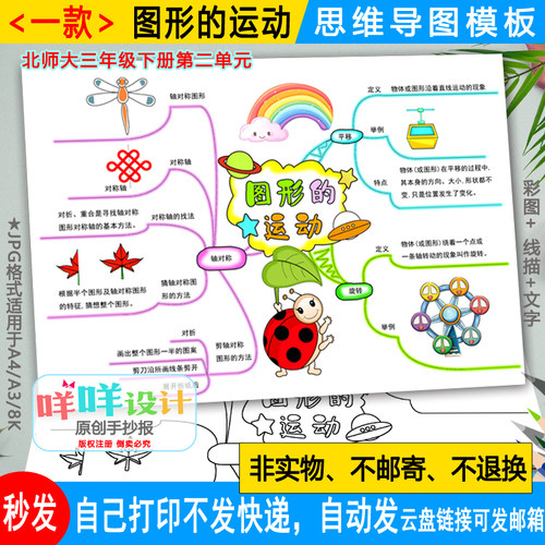 北师数学三年级下册第二单元图形的运动思维导图线描涂色空白模板
